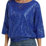 Solid Color Sequined Loose Round Neck Casual Top