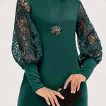 Round neck lace lantern sleeve midi dress