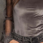 Velvet Mesh Panel High-Neck Top – Graphite Grey