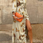 Now Trending Tiger Print Satin Shirt Maxi Dress