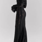 Floral Lace Off Shoulder Flare Sleeve Fishtail Maxi Dresses-White