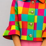 Loose Three-Quarter Sleeves Buttoned Plaid Lapel Outerwear
