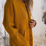 Solid Color Round Neck Long Sleeve Casual Zipper Pocket Knitted Jacket