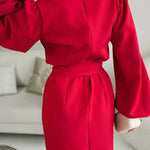 Holiday Gatherings V-neck Long Balloon Sleeve Tie-up Waist Loose Mini Dress