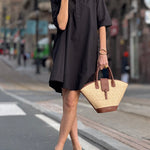 A-Line Short Sleeves Solid Color Split-Joint Lapel Mini Dresses Shirt Dress