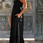 Black Smocked Button Pocketed Spaghetti Strap Maxi Dress