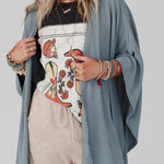 Textured Lace Trim Open Front Kimono Cardigan