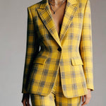 Elasticated Waist High Waisted Buttoned Contrast Color Plaid Split-Joint Notched Collar Blazer Outerwear