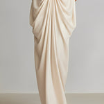 Women's Ivory Satin Dress With Deep V-Neck & Ruched Knot Detail, Timeless Luxe-Romantic Style Dress
