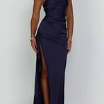 Fits Your Curves Satin One Shoulder Drape Slit Maxi Dress