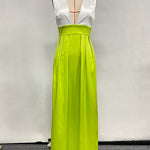 A-Line High Waisted Contrast Color Pleated Zipper Deep V-Neck Maxi Dresses