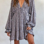 V Neck Balloon Sleeves Backless Drawstring Sequin Dress