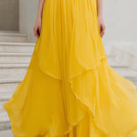 Yellow Halter Neck Pleated Chiffon Maxi Dress With Tiered Hem