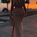 Comfortable Stylish Round Neck Sleeveless Casual Top and Elastic Waist Ruched Tie Slit Midi Skirt Set