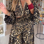 Gold Foil Leopard Print Balloon Sleeve Twist Top and High Rise Elastic Waist Oversized Flare Pants Set