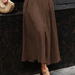 Loose Puff Sleeves Pleated Solid Color Split-Joint Lapel Maxi Dresses Shirt Dress