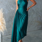 Margovil One Shoulder Cut Out Waist Pleated Satin Maxi Dress