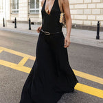 Loose Sleeveless Belted See-Through Solid Color Halter-Neck Maxi Dresses