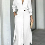 Long Sleeves Loose Split-Joint Split-Side V-Neck Maxi Dresses Shirt Dress