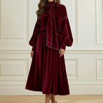 Long Sleeves Puff Sleeves Bow-Embellished Pleated Solid Color Split-Joint Tied Half Turtleneck Blouses&Shirts Tops