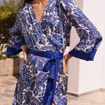 Greek Island Satin Unique Floral Print Tassel Belted Wrap Maxi Dress