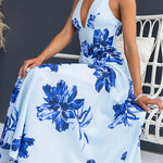 Halter V Neck Back Lace-up Waisted Floral Print Maxi Dress