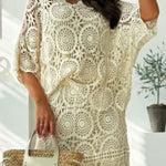 V Neck Half Sleeves Crochet Hollow Out Top