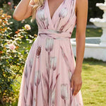 Deep V Neck Sleeveless Floral Print Swing Maxi Dress