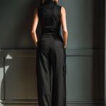 Women's Black Cotton And Linen Blend Sleeveless Collared Jumpsuit With Cargo Pockets