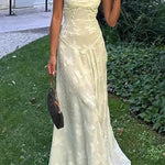 Margovil Spaghetti Strap Back Lace-up Applique Flower Lace Maxi Dress