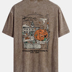 Halloween Pumpkin Town Print Washed Distressed Drop Shoulder T-Shirt