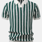 Stripe Johnny Collar Open Knit Polo & Straight Leg Linen Pants