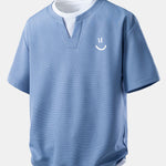 Relax Fit Smiley Face Print 2 In 1 Notched Collar Waffle T-Shirt