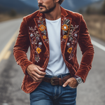 Men's Classic Retro Slim Fit Single Breasted Faux Velvet Embroidered Blazer