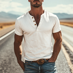 Men's Classic American Vintage Henley Collar Suede Short Sleeve T-Shirt