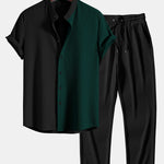 Two Tone Muscle Fit Ribbed Stand Collar Shirt & Straight Leg Ribbed Pants