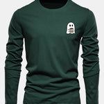 Long Sleeve Ghost Drinking Coffee Print Cotton T-Shirt