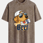 Beer Dog Print Washed Distressed Drop Shoulder T-Shirt