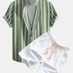 Striped Button Up Stand Collar Shirt & Man Mid Length Drawstring Swim Shorts
