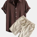 Linen Rayon Blend Button Up Shirt & Linen Cotton Blend Drawstring Shorts