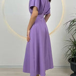 Margovil Crewneck Short Sleeves Belted Slit Midi Dress