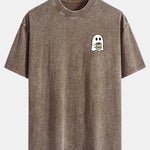 Ghost Drinking Coffee Print Washed Distressed Drop Shoulder T-Shirt