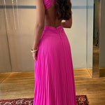 Margovil Crewneck Sleeveless Open Back Pleated Maxi Dress