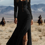 Margovil U Neck Buttop Up Long Sleeves Ruffle Slit Maxi Dress