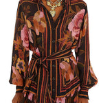 Long Sleeves Button Up Tie Waist Fioral Print Ruffle Mini Shirt Dress