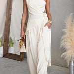 One Shoulder Irregular Hem Top High Rise Pocketed Wide Leg Pants Set