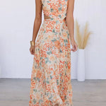 Crewneck Cut Out Waist Floral Print Maxi Dress