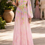 One Shoulder Puff Long Sleeve Cut Out Waist Printed Maxi Dress