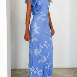 Sleeveless Ruffle One Shoulder Floral Mesh Maxi Dress