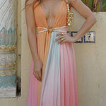 Deep V Neck Sleeveless Rainbow Maxi Dress